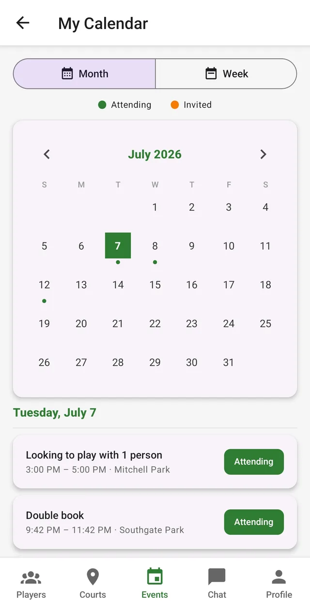 My Calendar showing attending events