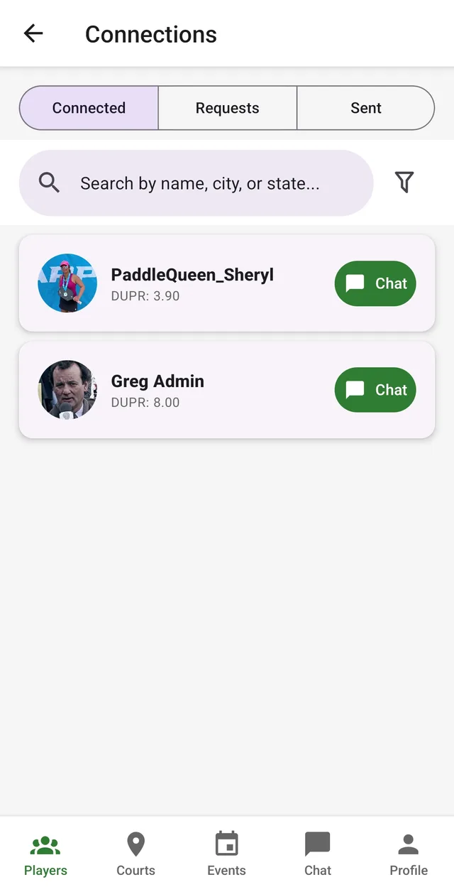 Connections screen with connected players
