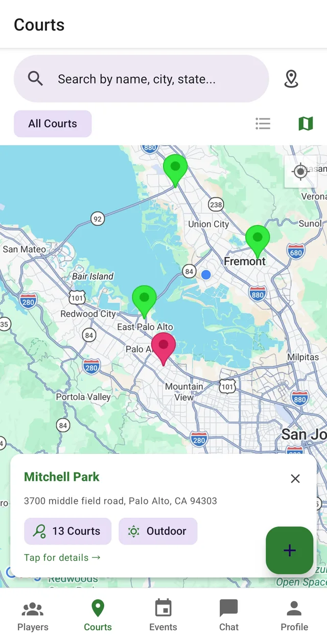Courts map view with court details