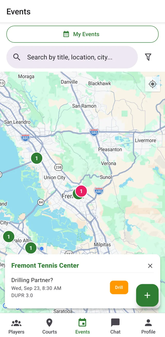 Events map with a venue selected and its event card open