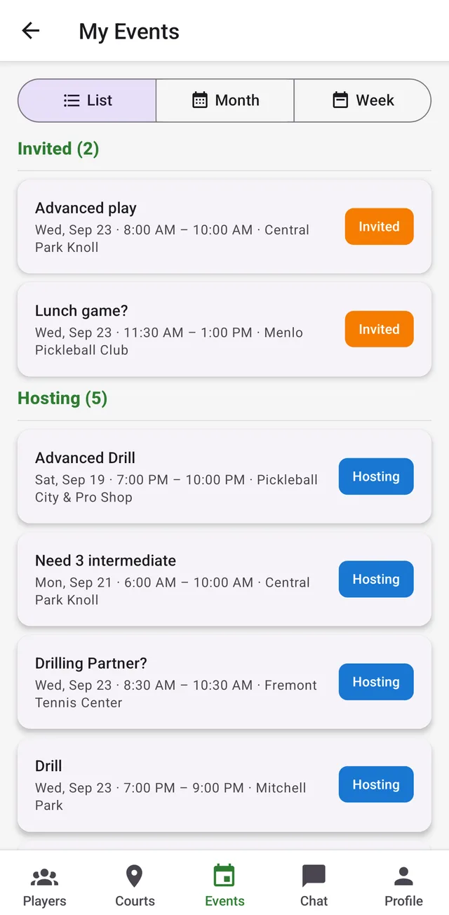 My Events list showing invitations and hosted events