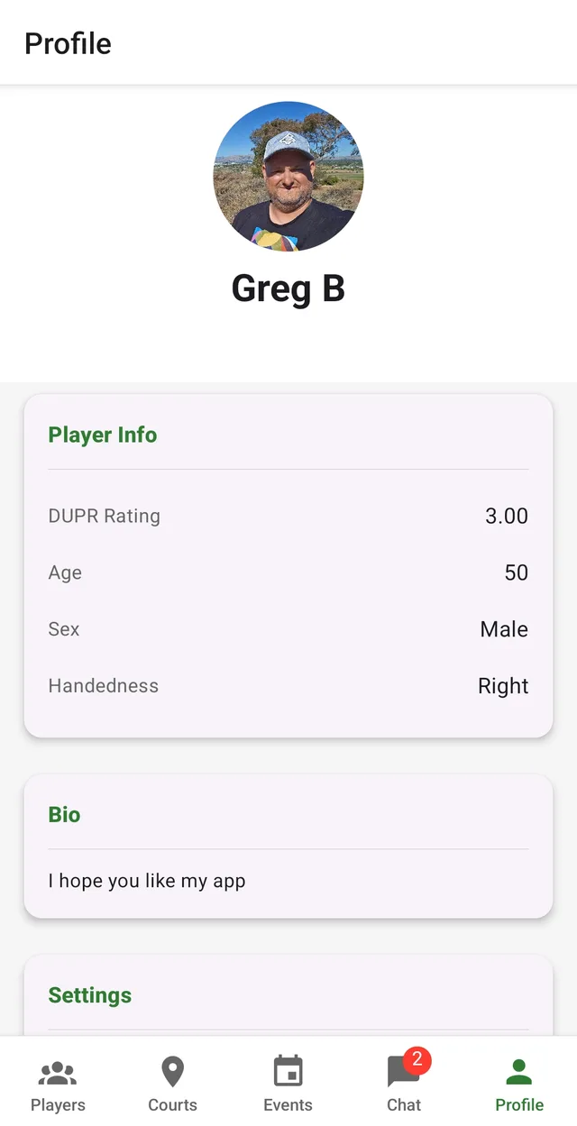 Player profile with rating and bio